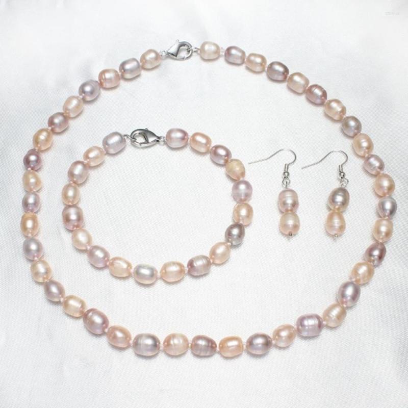 

Necklace Earrings Set Women's Handmade 7-8mm Natural Freshwater White Pink Purple Rice Pearl Bracelet Earring Fashion Jewelry, Picture shown