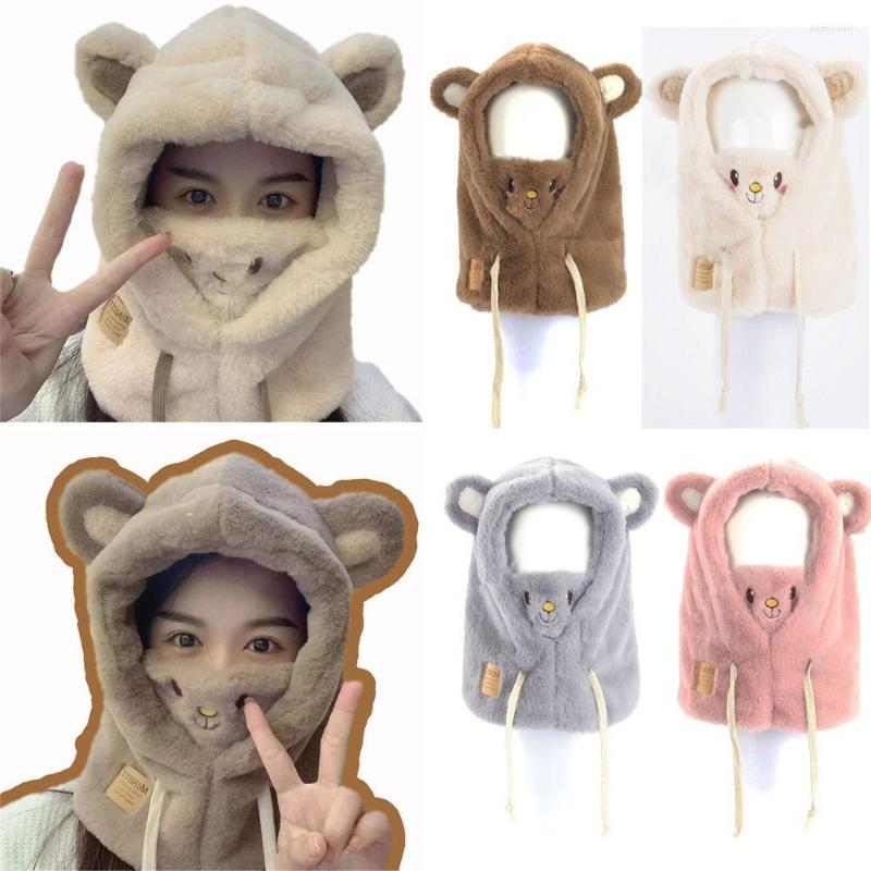 

Berets Women Cute Bear Ear Windproof Hat Scarf Beanies Caps Earflap Earmuff Plush, Pink