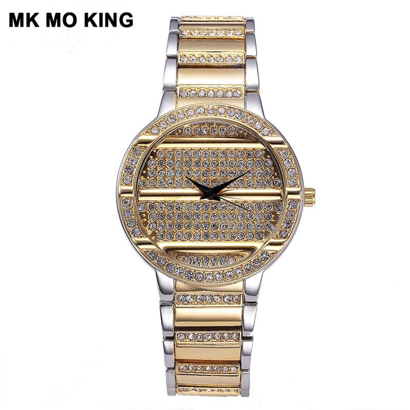

Wristwatches Luxury Women's Business Waterproof Stainless Steel Watch Bracelet Fashion Diamonds Ladies Quartz Clock Holiday Gift Kol Saati, Gold
