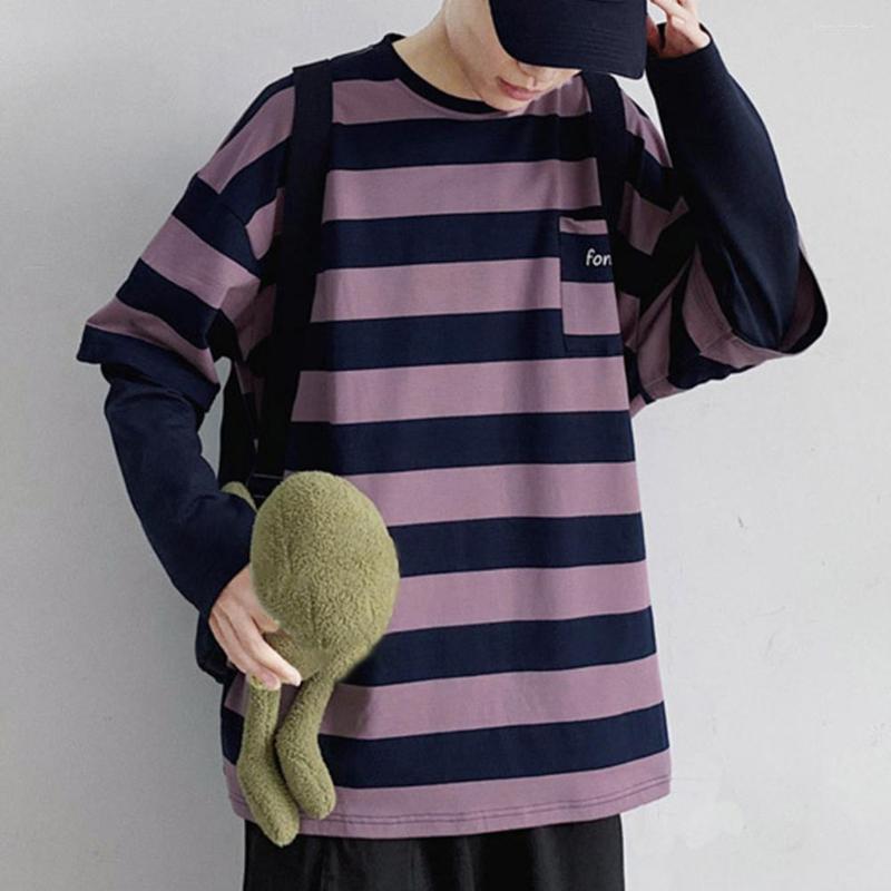 

Men's T Shirts Fake Two-piece Striped Men T-shirt Harajuku Y2 K Autumn Long-sleeved Oversized Women Tops Camisa Masculina, Blue