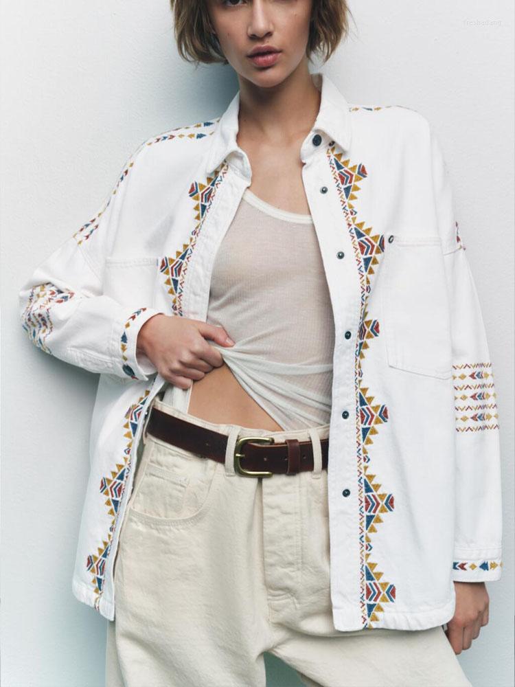

Women's Jackets 2023 Spring Women's Ethnic Style All-match POLO Collar Color-blocking Embroidery Pockets Decorated With Denim Shirt, White