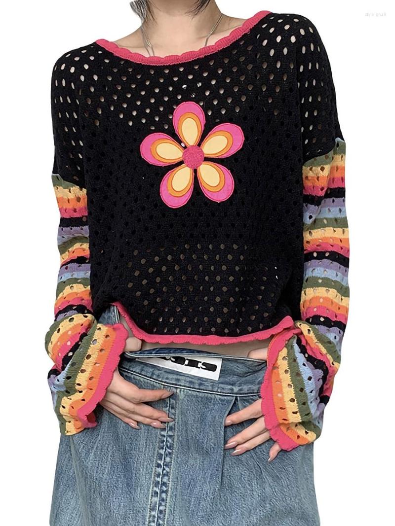 

Women' Sweaters Women Long Sleeve Knit Tops Casual Crewneck Flower Print Pullover, A black