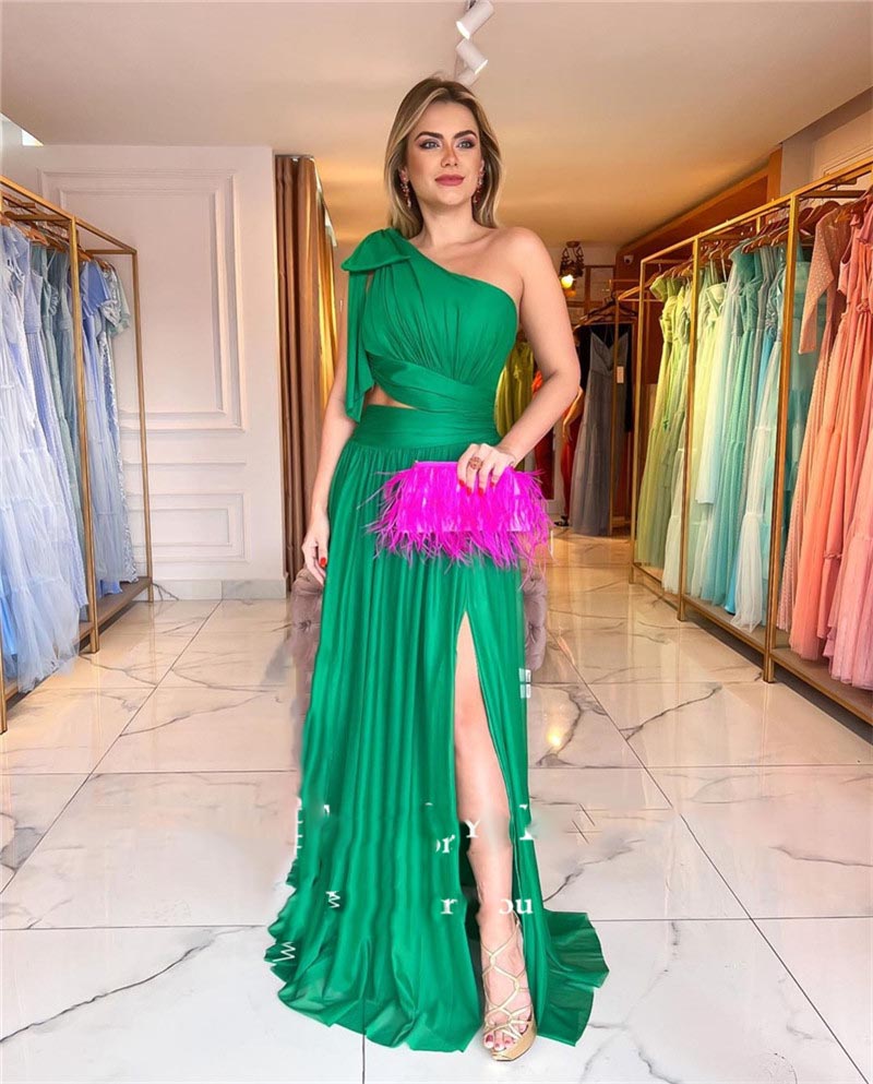 

A Line Green Satin Evening Dresses One Shoulder Bow Side Slit Prom Party Gowns Robe de soiree