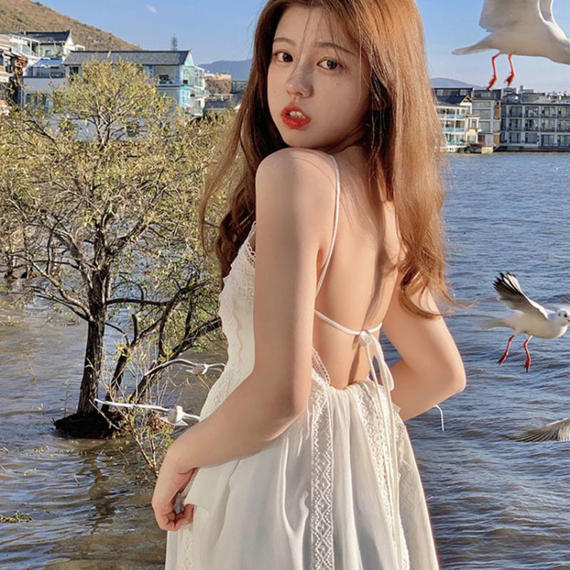 

Women' Swimwear Summer Women Backless Beach Dress 2023 Suspenders White Seaside Travel Holiday Lace Cutout Sexy Long Female DressesWomen