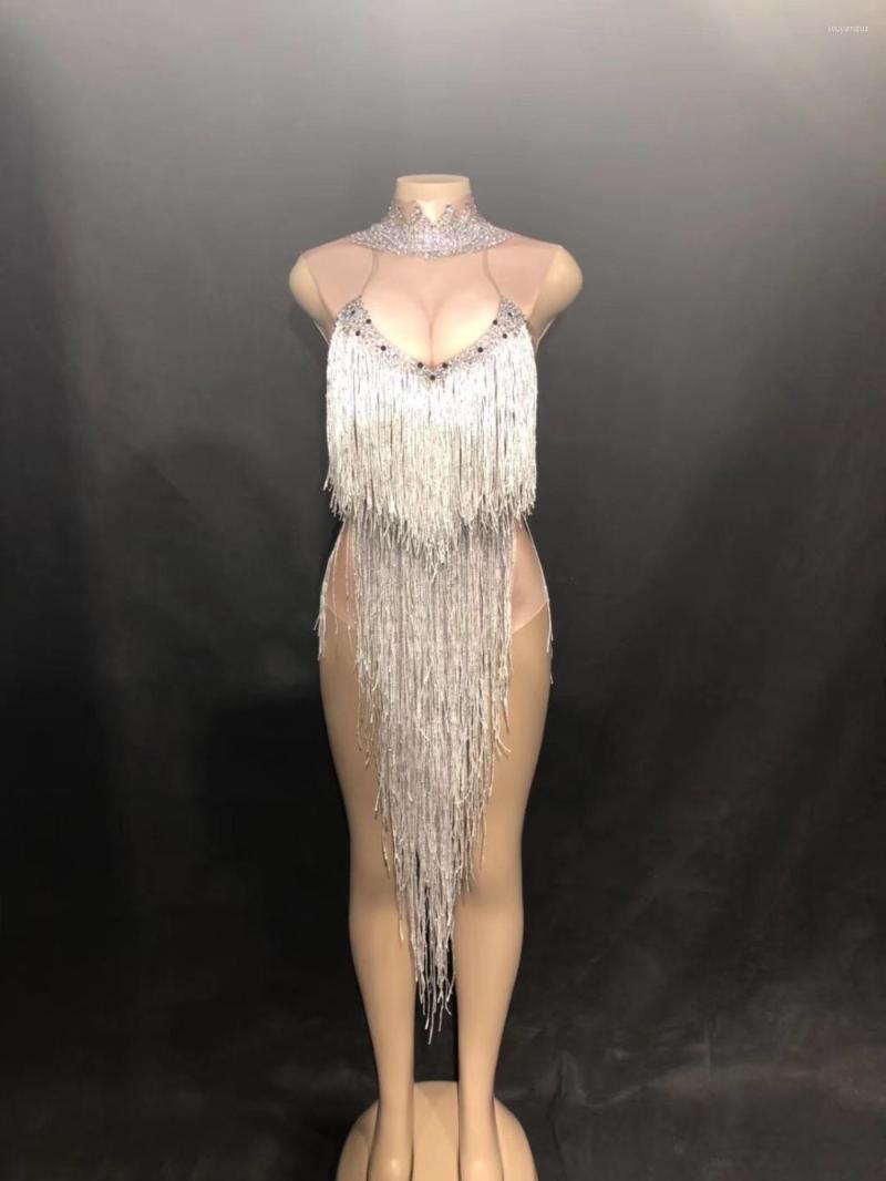 

Stage Wear Women Sexy Long Silver Tassel Bodysuit Performance Sparkling Rhinestone Jumpsuit Nightclub Party Singer Dancer, Picture shown