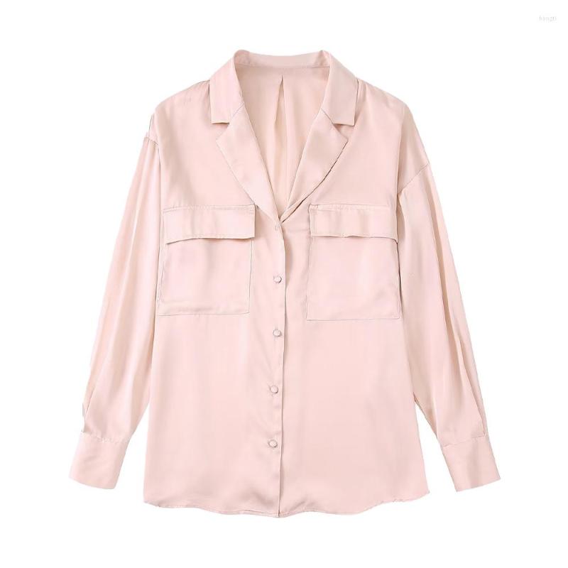 

Women's Blouses Shirts Women's Clothing Patch Pocket Decoration Silk Satin Texture Top Casual Solid Color Temperament Female Chic Blouse, Pink