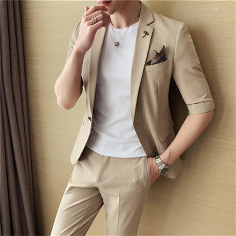 

Men's Suits Half Sleeve Summer Suit Set For Men 2 Pieces Slim Fit Boyfriend Social Blazer Pants Grey Ceremony Clothes Korean Style, Black
