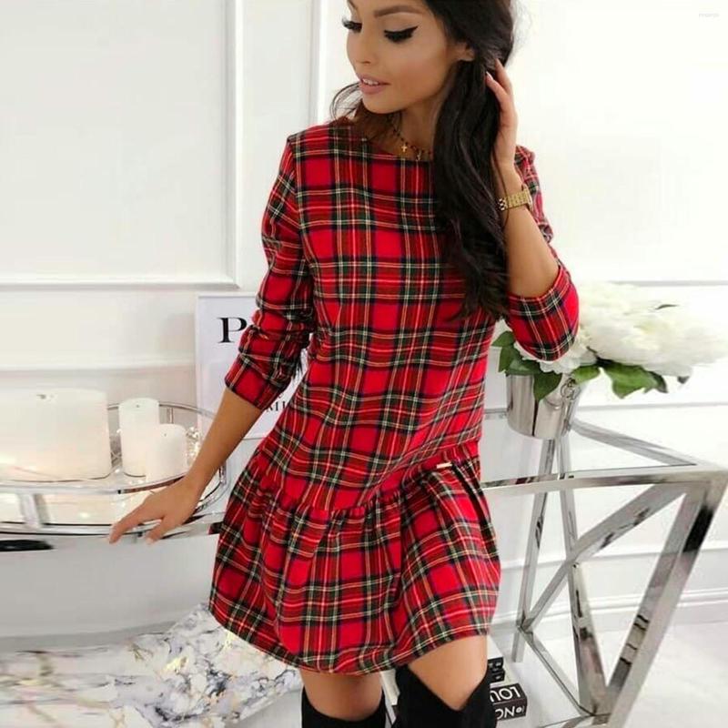 

Casual Dresses Autumn And Winter Women' Short Skirt Plaid Long Petite For Women Sleeve Waster Dress Ruffles, Blue