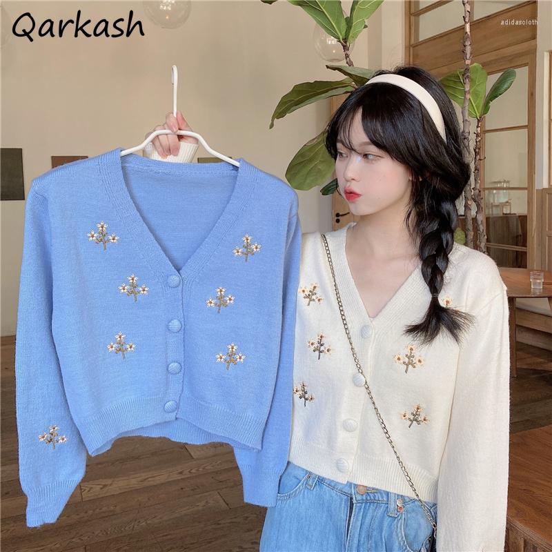 

Women's Knits Cropped Cardigan Women Embroidery V-neck Vintage Tender Spring Femme Leisure Cozy Knitwear All-match Ulzzang Sweet College, Blue