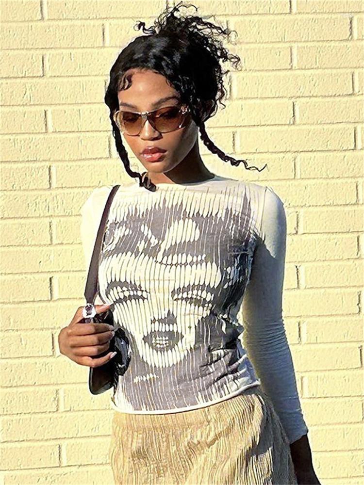 

Women's T Shirts WJFZQM 2023 Fashion Aesthetic Portrait Print T-shirts Women Full Sleeve O-neck Slim Top Female Casual All-matched, Apricot