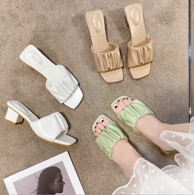 

Slippers Pleated Slipper Girl Summer Fashion Wear 2023 Korean Fairy Sandal Square Heel, 03