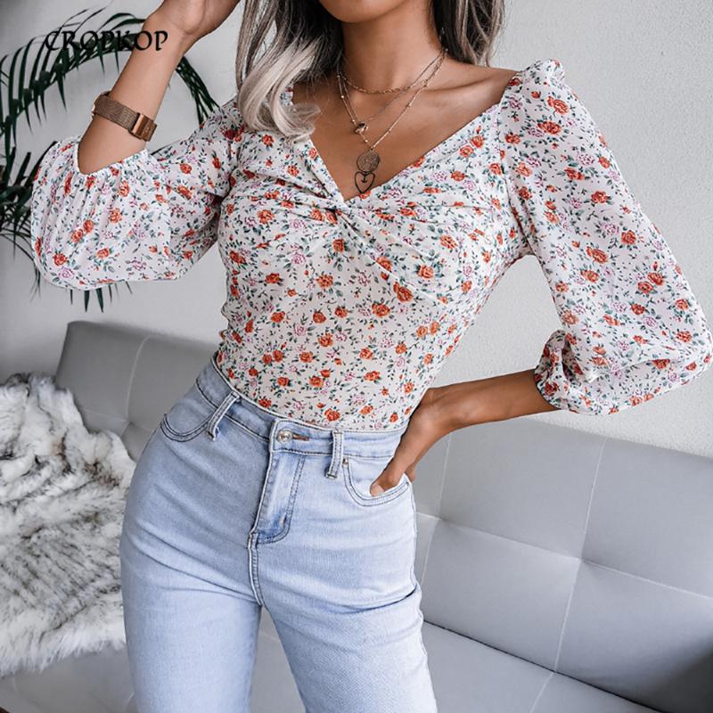 

Women' Blouses & Shirts Sexy Puff Sleeve Chiffon Women Elegant Chic V Neck Floral Top Casual Korean Fashion White Blouse Spring Autumn 2023, Blue