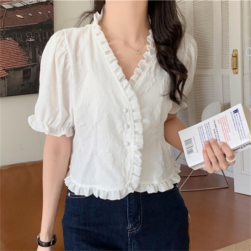 

Women's Blouses & Shirts HziriP Summer Gentle Women V-Neck High Waist 2023 Streetwear Fashion Elegant Short Sleeve Sweet Chic Casual BlusasW, White
