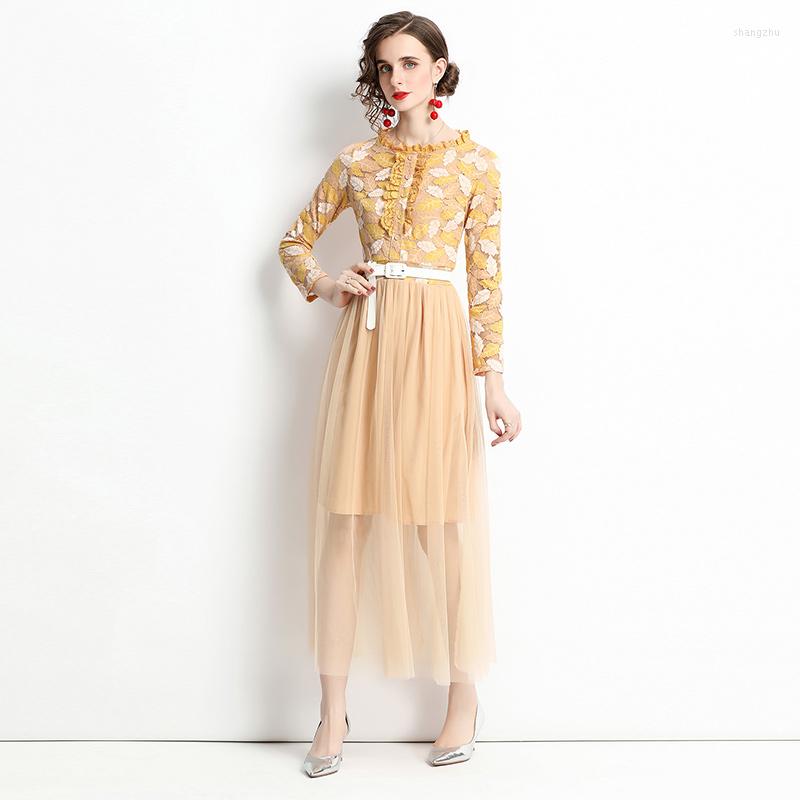 

Casual Dresses Fall 2023 Fashion Temperament Vestidos Women' Round Neck Long Sleeve Lace Stitching Mesh Slim Fit Midi Dress A32, Yellow