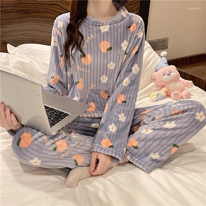 

Women's Sleepwear Korean Fashion Women Loungewear Pajamas Set 2pcs Autumn Winter Warm Coral Fleece Cute Bear Peach Strawberry Nightwear, 021