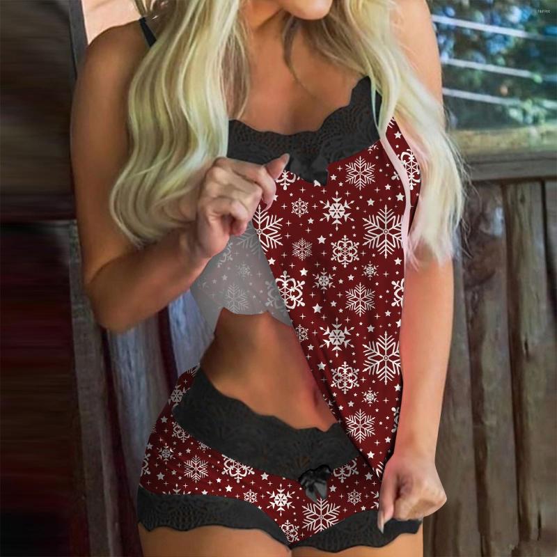 

Women' Sleepwear Christmas Pajama Set Women Snowflake Print Nightgown Lace Cami Top And Shorts Pajamas 2 Pieces Pijama Suits Homewear, Blue-2