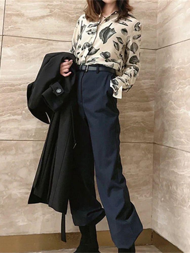 

Women's Blouses Women Silk Sea Shell Print Shirt Soft Long Sleeve Straight Loose Turn-Down Collar Chemise Ladies