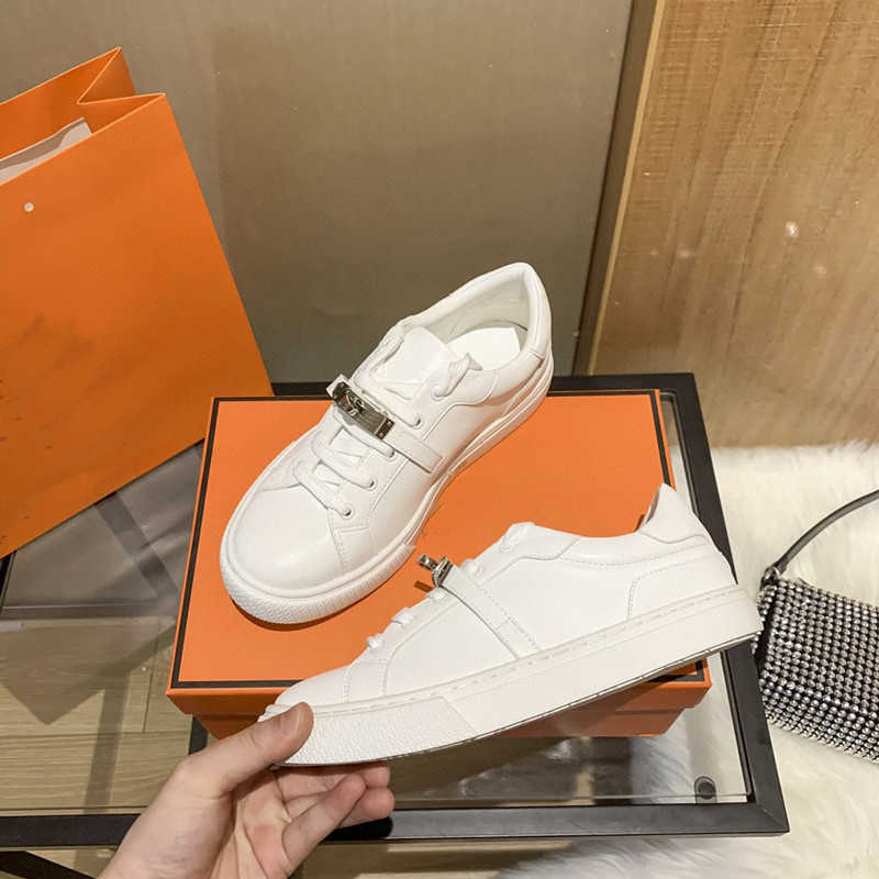 

Shoes H family 2023 new metal buckle thick bottom fashion flat bottom small white shoes casual sports shoes lace up couple board shoes, Silver clasp