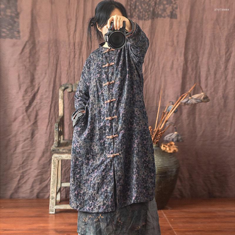 

Women's Trench Coats Johnature Women Coat Stand Cotton Linen Loose Vintage Long Sleeve Clothing 2023 Autumn Print Floral Button Phyl22, Blue