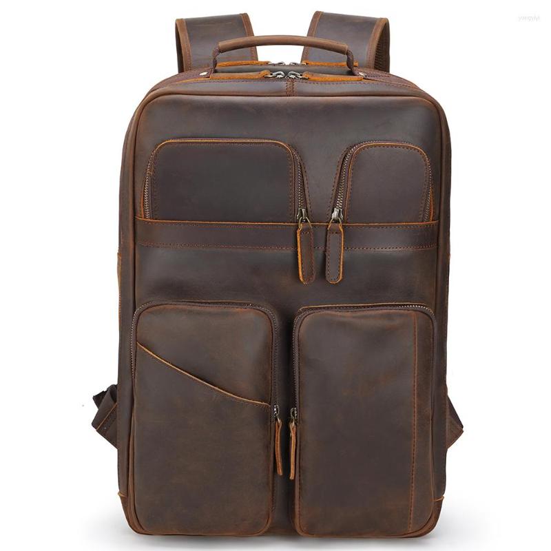 

Backpack Men's Vintage Top Crazy Horse Cow Leather 15.6 Inch Laptop Large Capacity Business Outdoor Travel Bag, Dark brown