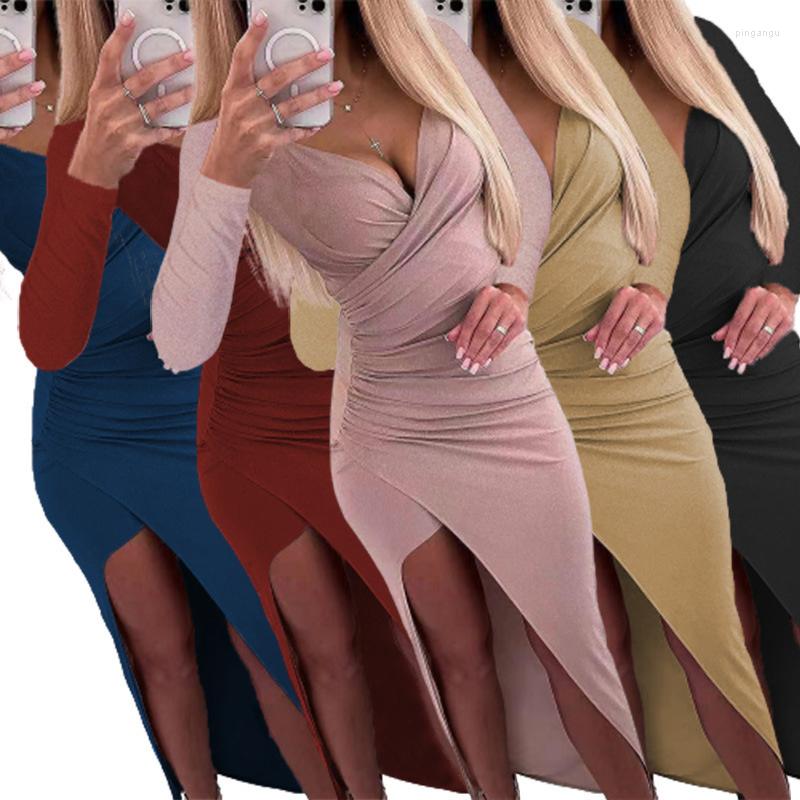 

Casual Dresses Ladies Dating Elegant Street Dress Autumn And Winter Solid Color Long Sleeve V-Neck Tight Pleateds Split, Black