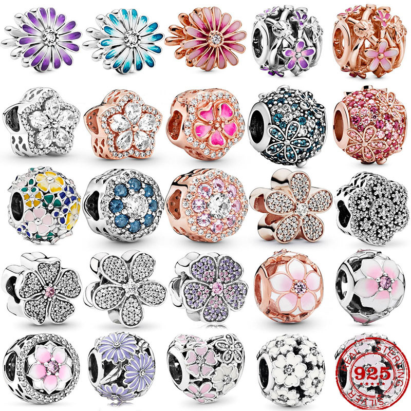 

Real 925 Sterling Silver Purple Pink Daisy Beads Fit Original Charms Pandora Bracelet Bead Jewelry Making Free Shipping
