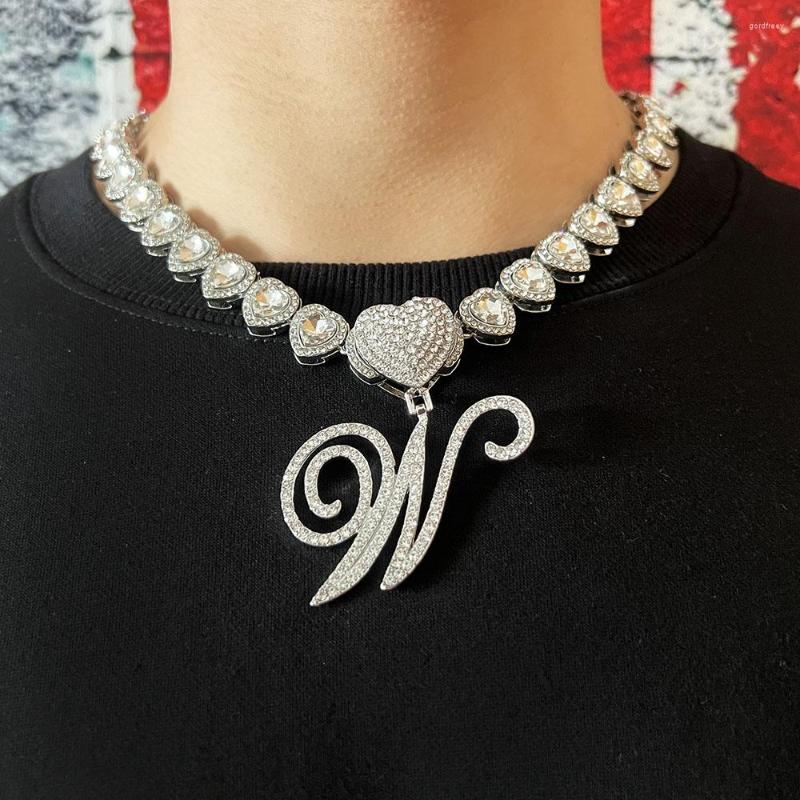 

Chains ULJ Hip Hop Unisex Bling A-Z Heart Letter Pendant With Tennis Chain Necklace Iced Out Crystal Initials Cuban Jewelry
