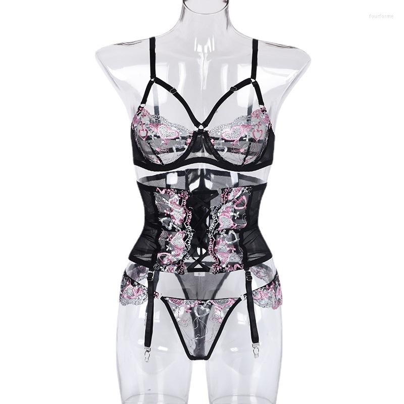 

Bras Sets Women Mesh Embroidered Steel Ring Belt High Waist Holder 4 Straps Elastic Suspender Erotic Lingerie Garter See Through, Black