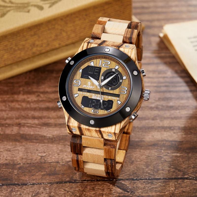 

Wristwatches GORBEN Natural Wooden Quartz Movement Men Watch Multi-function Dual Display Wrist Wood Strap Waterproof Wristwatch, Brown wood dial