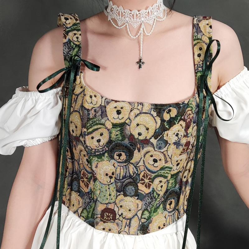 

Bustiers & Corsets Women Cute Fitness Bear Printed Camisole Fashion Sweet Bow All-match Vest Corset Female Vintage Crop TopsBustiers, Green
