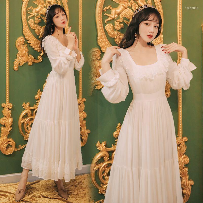 

Casual Dresses Long Sleeve Lace White Fairy Dress Gentle Princess Court Style Vintage Square Collar Ladies Spring Autumn Women Clothes