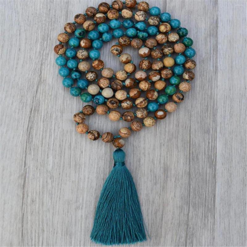 

Chains 8mm Chrysocolla Stone 108 Beads Handmade Tassel Necklace Retro Chakra Wristband Mala Buddhism Meditation Religious Japa Prayer