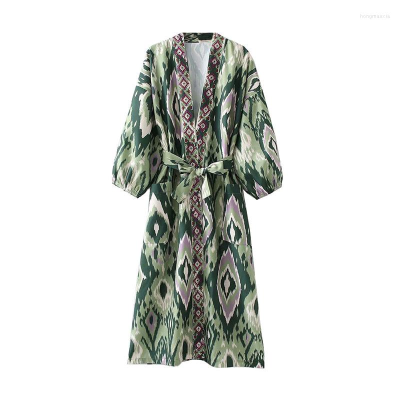 

Casual Dresses 2023 Bohemian Women Green Retro Embroidery Geometry Print Dress Ethnic Kimono BOHO Beach Bow Sashes Maxi Long Cardigan, As pics