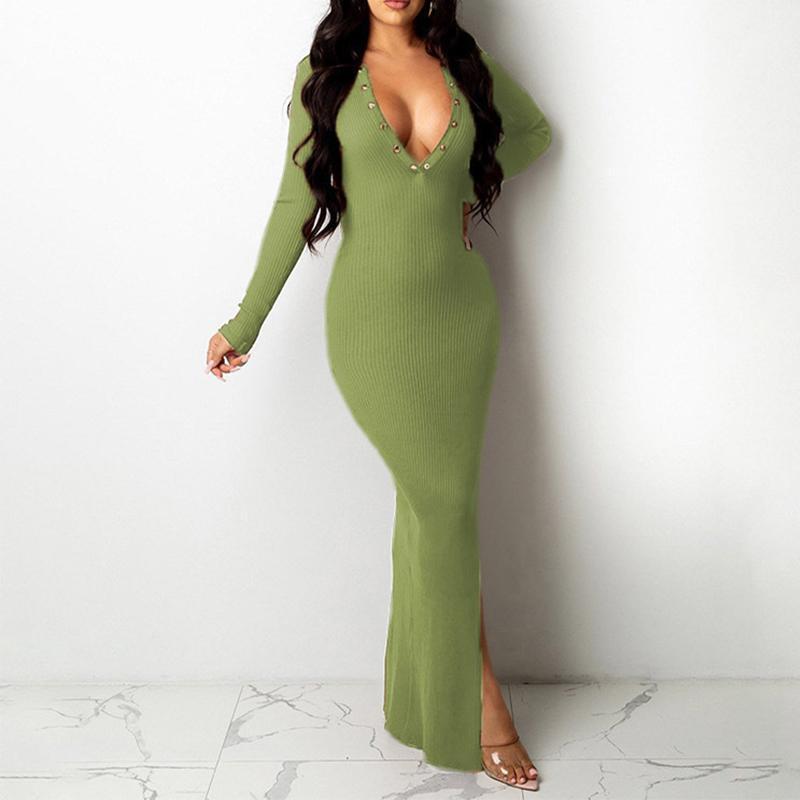

Casual Dresses Split Midi Bodycon Dress Party Deep V-Neck Women Club 2023 Autumn Sexy Long Sleeve Outwear Blackless G3099, Wine red