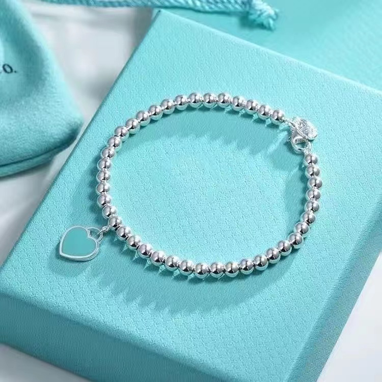 

Fashion 925 Silver Heart Beaded Tag Strands Bracelet Women jewelry Trendy Beads chain round ball Bracelets for girlfriend love Gift With Red Blue Pink Heart Tag