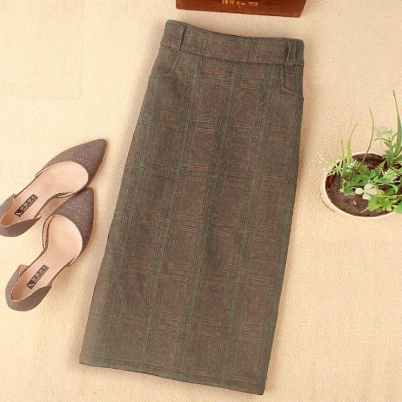 

Skirts Vintage Spring Autumn Winter Women High Waist Woolen Skirt Mid Long Lattice Slim Pencil, Gray