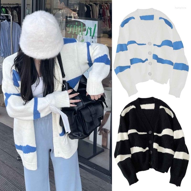 

Women's Knits Autumn V-Neck Single-Breasted Loose Knitwear Cardigan For Women College Style Vintage Striped Casual Sweater Coat, Black