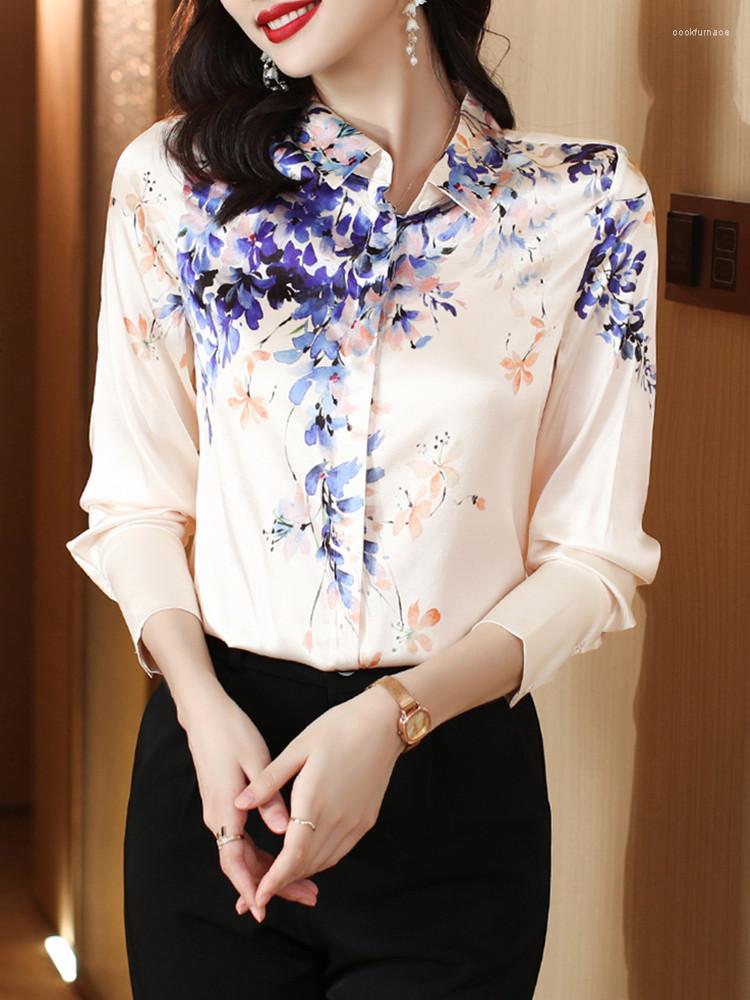 

Women' Blouses Satin Women Shirt 2023 Spring Autumn Female Clothing Print Vintage Blouse Fashion Floral Womens Tops Elegant, Blue