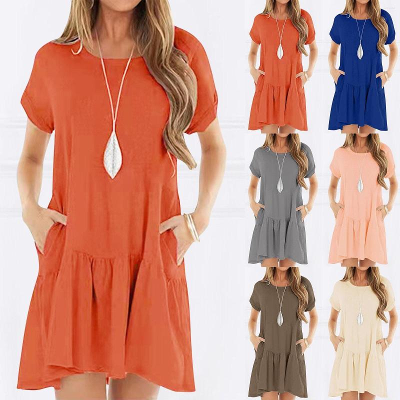 

Casual Dresses Women' Solid Color Crewneck Short Sleeve Stitching Large Swing Mid Length Dress, Beige