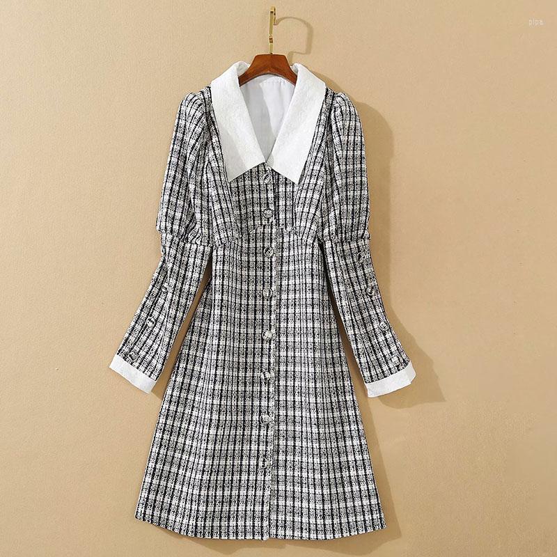 

Casual Dresses Est HIGH QUALITY Fashion 2023 Runway Dress Women' Turn-down Collar Long Sleeve Single Breasted Plaid Wool, Picture shown