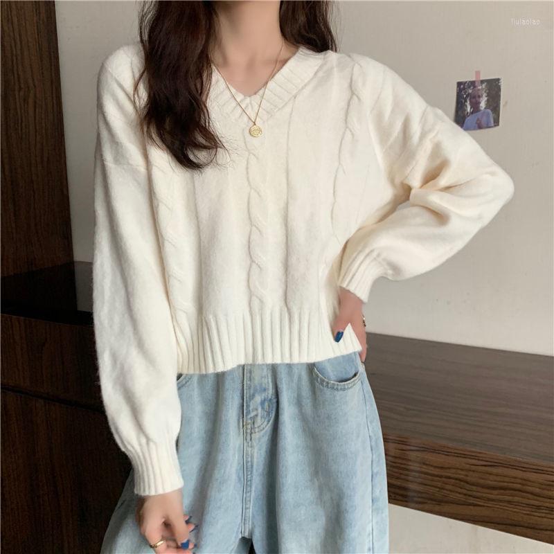 

Women's Sweaters Autumn Winter Women Pullovers Korean Fashion V-neck Vintage Twist Jumpers Tops Loose Long Sleeve Knit Outwear, Gray