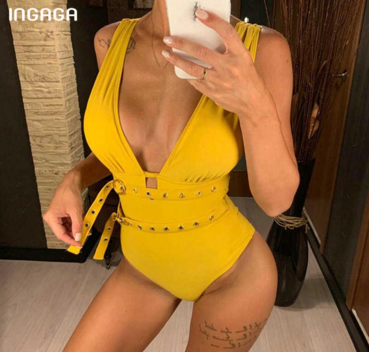 

INGAGA Plunging One Piece Swimsuits Belted Swimwear Women Sexy Backless Bodysuits Ruched Bathing Suit 2021 Summer Swim Suit2597524