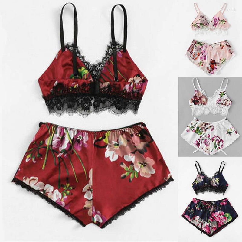 

Women' Sleepwear 2Pcs Women' Sexy Lingerie Satin Sets Summer Sleeveless Floral Crop Tops Shorts Babydoll Nightdress Pajamas Set, Blue