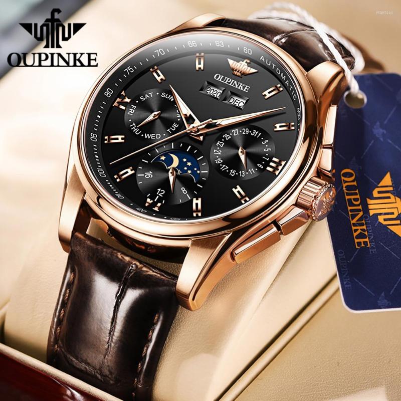 

Wristwatches OUPINKE Men's Automatic Mechanical Watch Waterproof Leather Strap Movement High Quality Watches 3189 ROSE GOLD BLACK