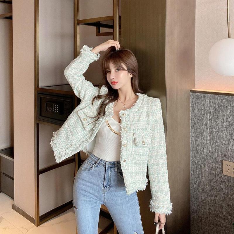 

Women' Jackets Autumn Winter Jacket Female Fashion 2023 Tweed Coats For Women Round Neck Long Sleeve Elegant Hit Color Short Cardigan Coat, Green
