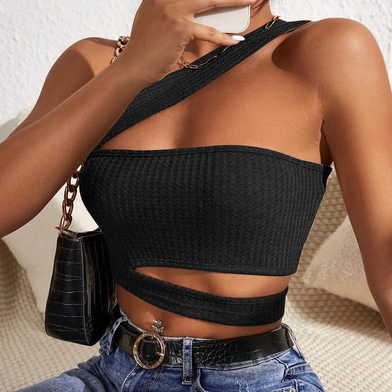 

Women' Tanks Summer Slim Knitting Short Vest Rib Knit Women' Tank Top Casual Basic Skinny Cut Out Diagonal Collar Woman Crop, Black