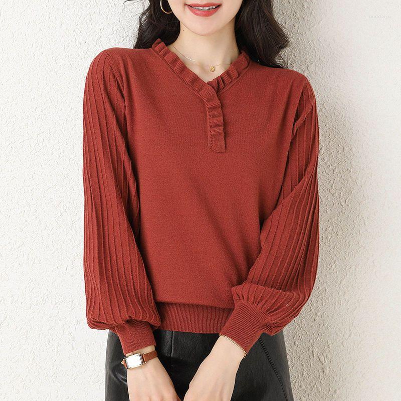 

Women's Sweaters Korean Fashion Solid All-match Knit Spring Autumn Women Clothing Lantern Sleeve V-Neck Bottoming Loose Casual Pullovers, Apricot