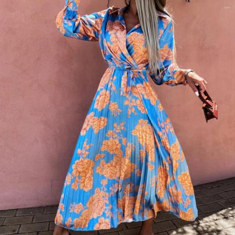 

Casual Dresses Flower Printed Belt Shirt Maxi Dress Turn-down Collar Long Sleeve Pleated Large Hem Holiday Anti-pilling High-Waist, Blue