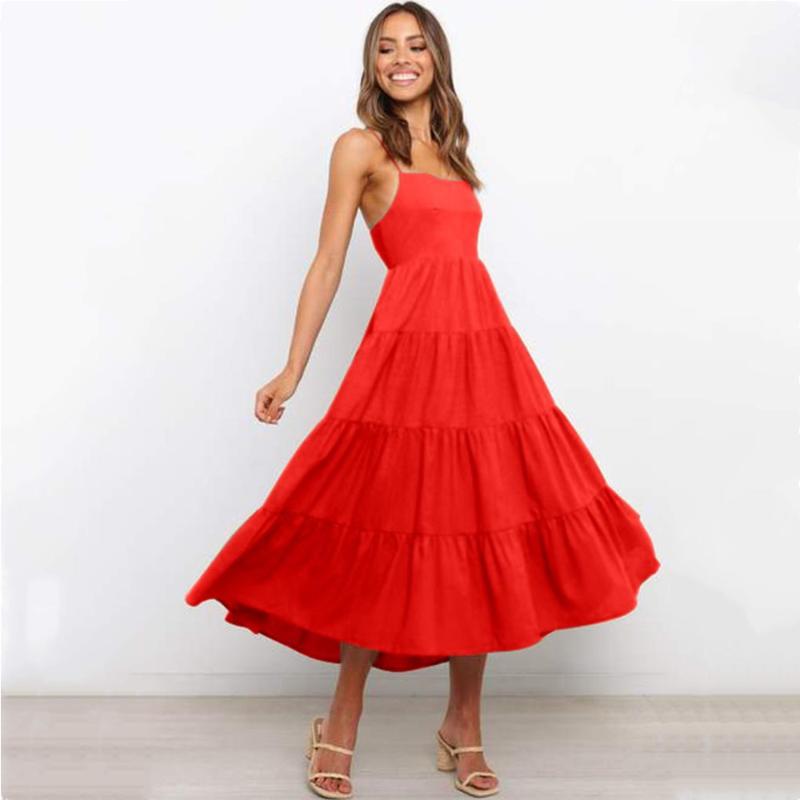 

Casual Dresses Summer Spaghetti Strips Backless Hollow Out Dress Sexy Sling Halter Lace-Up Big Swing Woman' Plaid 2023 Robes, Apricot