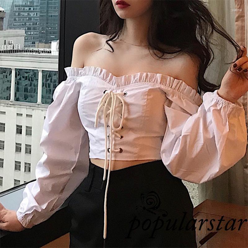 

Women's T Shirts Popu-Women Casual Sexy Crop Tops Solid Color Off-the-shoulder Long Sleeve Tie Up Blouse, Picture shown